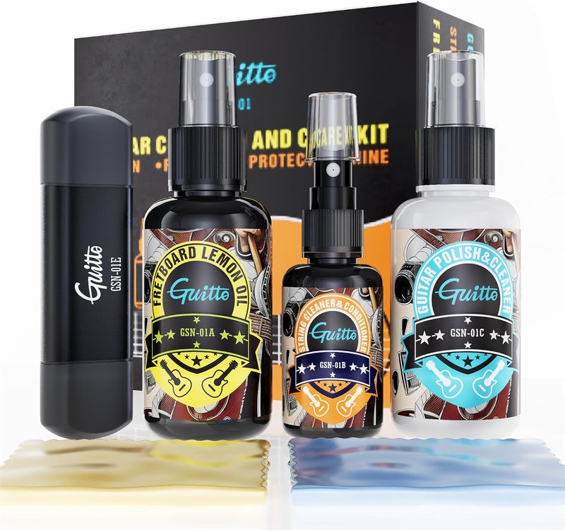 Guitto Guitar Cleaning Kit, All in One Guitar Care Kit Fretboard Lemon Oil, Polish, Guitar String Cleaner, Microfiber Cloth GSN-01 - Image 1